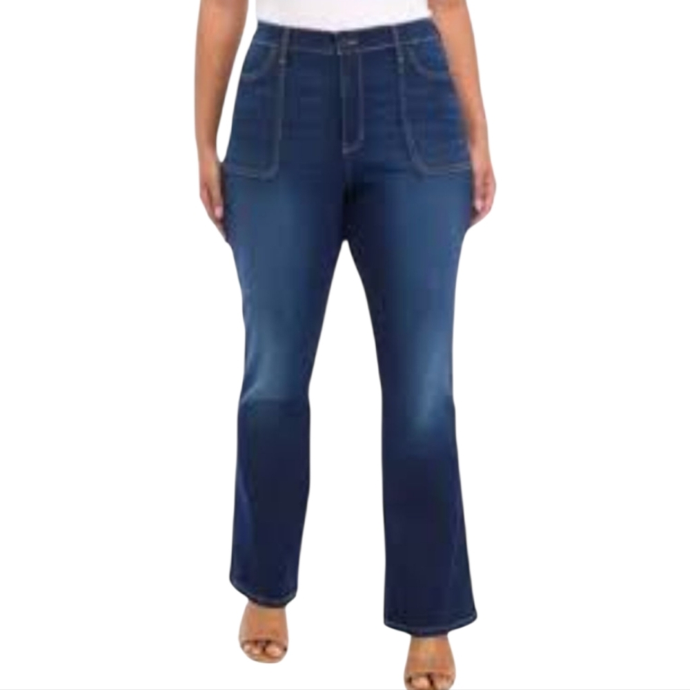 Calvin Klein High Rise Bootcut Patch Pocket Blue Flare Wide Leg Jeans‎ Plus 20W
